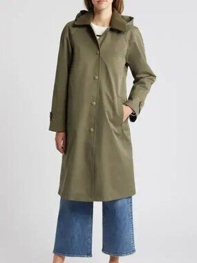 Sam Edelman Twill Snap-Front Mac A-Line Coat With Removable Hood - Loden NWT